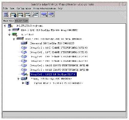 Screen capture of Sun StorEdge Configuration Service main window showing a degraded device symbol.