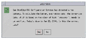 Screen capture showing the warning message if Sun StorEdge Configuration Service detects a new battery.