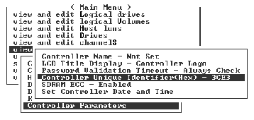 Screen capture showing the view and edit Configuration Parameters sub menu with Controller Parameters selected.