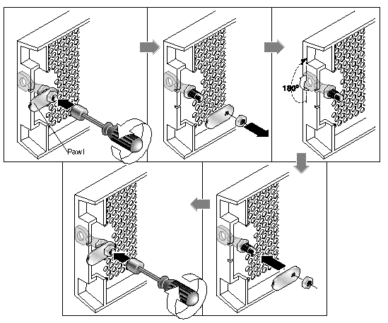Figure showing the sequence of steps to change the front bezel locks so keys cannot be removed.