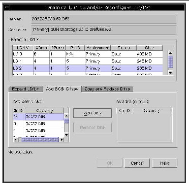 Screen capture showing the Dynamically Grow and/or Reconfigure LDs/LVs window with the Add SCSI Drives tab displayed.