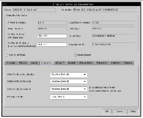 Screen capture showing the Change Controller Parameters window with the Disk Array tab displayed.