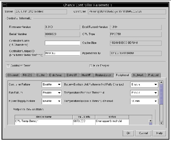 Screen capture showing the Change Controller Parameters window with the Peripheral tab displayed.