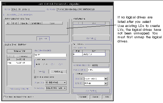 Screen capture of the Add LDs/LVs to the Current Configuration window showing the Use existing LDs to create LVs check box.