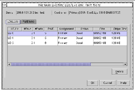 Screen capture showing the Manage Existing LDs/LVs and Partitions window with the LDs/LVs tab and Delete button displayed.