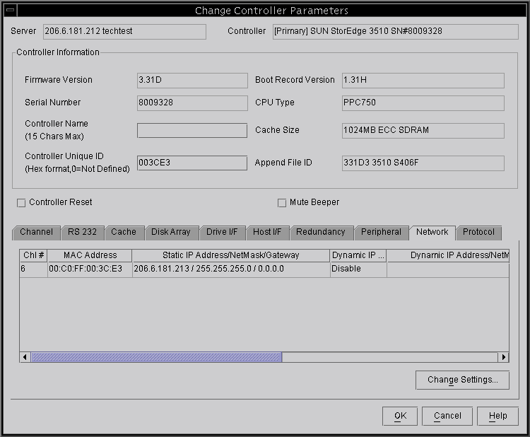 Screen capture showing the Change Controller Parameters window with the Network tab displayed.