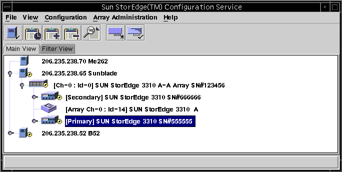 Screen capture showing main Sun StorEdge Configuration Service with the primary controller selected.