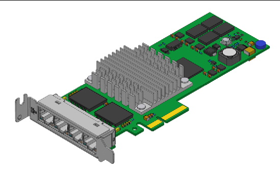 Illustration shows the layout of the Sun x4 PCI-Express Quad Gigabit Ethernet UTP Low-Profile adapter.