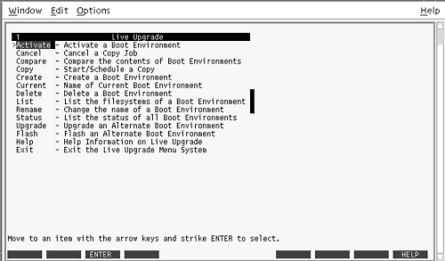 La capture d'écran montre les tâches proposées par Solaris Live Upgrade ainsi que les boutons ENTER (Entrée) et HELP (Aide).