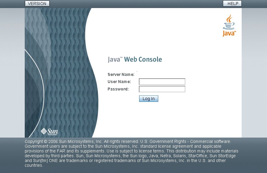 Oracle Java Web Console のログインページを示しています。
