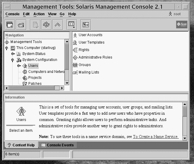 Solaris 管理コンソールでユーザーツールアイコンが選択されています。ナビゲーション区画、表示区画、および情報区画が表示されます。
