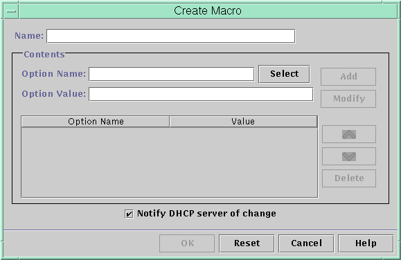 ダイアログボックスには、「名前 (Name)」、「オプション名 (Option Name)」、「オプションの値 (Option Value)」の各フィールドが表示されています。さらに、「選択 (Select)」ボタンと空のオプションリスト、および、DHCP サーバーに通知することを示すチェックボックスが表示されています。 