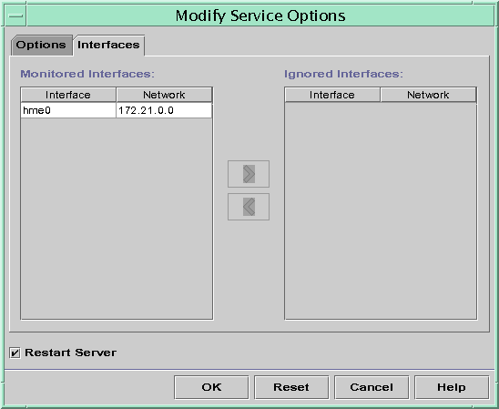 ダイアログボックスには「監視中のインタフェース (Monitored Interfaces)」が左に、「削除するインタフェース (Ignored Interfaces)」が右にそれぞれ表示され、両方のリスト間に選択矢印が表示されています。さらに、下部には「了解 (OK)」、「(Reset)」、「(Cancel)」、「ヘルプ (Help)」ボタンが表示されています。