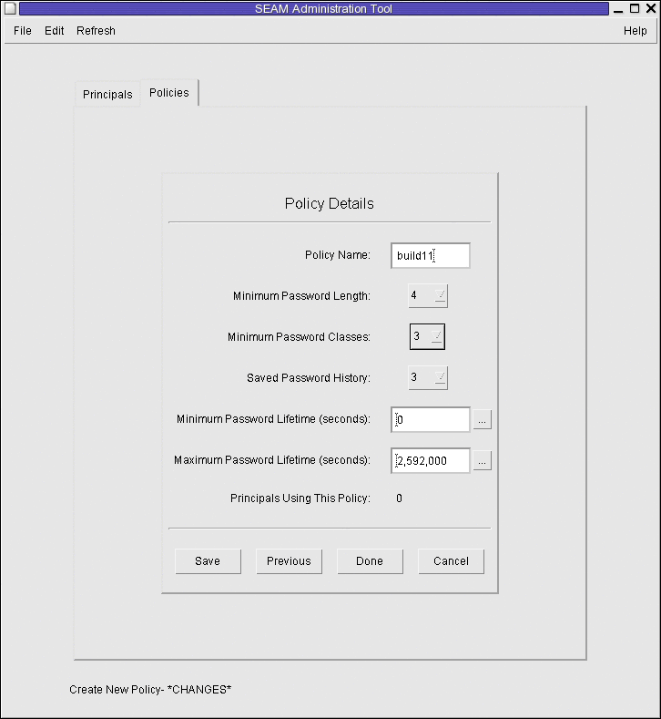 「SEAM Administration Tool」というタイトルのダイアログボックスに、build11 ポリシーのポリシー詳細が表示されています。「Save」、「Previous」、「Done」、および「Cancel」ボタンが表示されています。