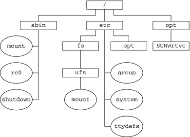 この図は、sbin、etc、opt の各ディレクトリの一部を含む UFS ルート (/) ファイルシステムの例を示しています。