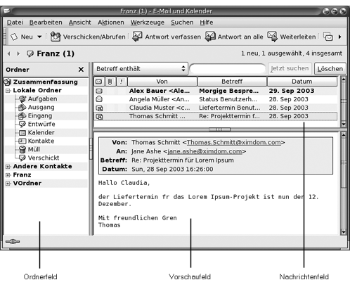 Typisches E-Mail-Fenster Grafiktext: Ordnerfeld, Nachrichtenfeld, Vorschaufeld. 