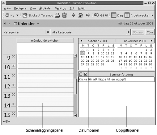 Typiskt kalenderf&amp;amp;amp;ouml;nster. Bildtexter: Schemal&amp;amp;amp;auml;ggningspanel, datumpanel, uppgiftspanel. 