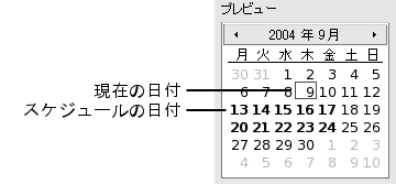 典型的なプレビューセクション。コールアウト: 現在の日付、スケジュールされた日付