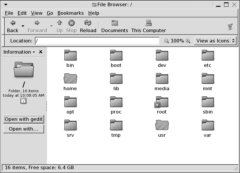 A folder in a file manager window. Menubar, toolbar, location bar, zoom buttons,  side pane, view pane.