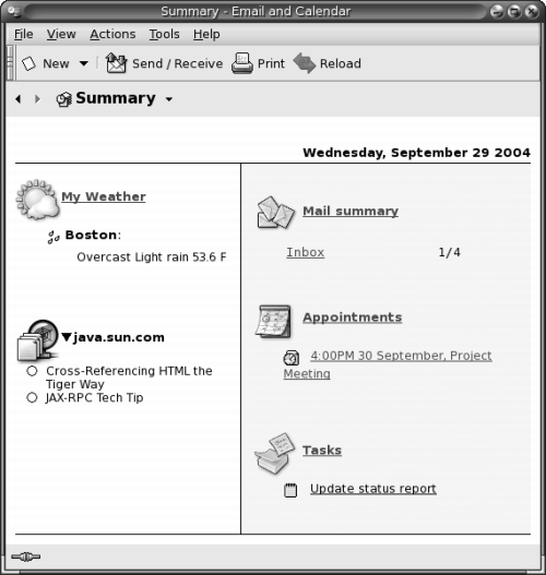 Summary window. Contains two columns. Left column contains weather and news information. Right column contains Mail summary, Appointments, and Tasks.