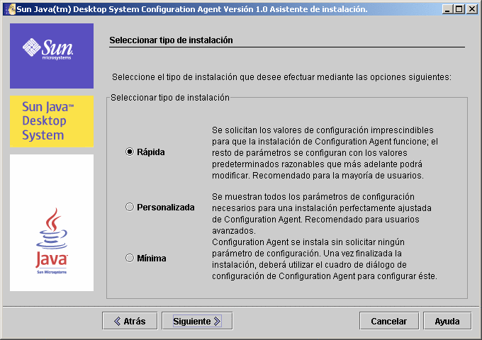 Página del tipo de instalación