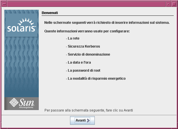 Questa figura mostra la schermata di benvenuto dell'interfaccia utente grafica. Questa schermata contiene le informazioni richieste dal programma di installazione per configurare il sistema.