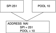 显示 SPI 251 和 POOL 10 与 ADDRESS NAI 部分中相同的 SPI 和 POOL 编号相对应。