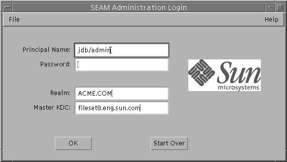 标题为 "SEAM Administration Login" 的对话框显示了 "Principal Name"、"Password"、"Realm" 和 "Master KDC" 四个字段。显示 "OK" 和 "Start Over" 按钮。