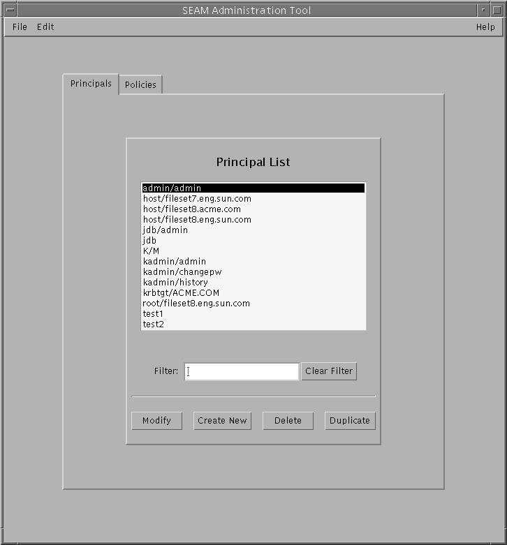 标题为 "Seam Administration Tool" 的对话框显示了主体列表和列表过滤器。显示 "Modify"、"Create New"、"Delete" 和 "Duplicate" 按钮。