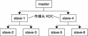 该图显示了带有两个传播从 KDC 的主 KDC。每个传播从 KDC 将主 KDC 数据库传播到其从 KDC。