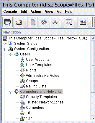 ウィンドウは、「ユーザー」ツールおよび「コンピュータとネットワーク」ツールを含む「システムの構成」ノードを示しています。