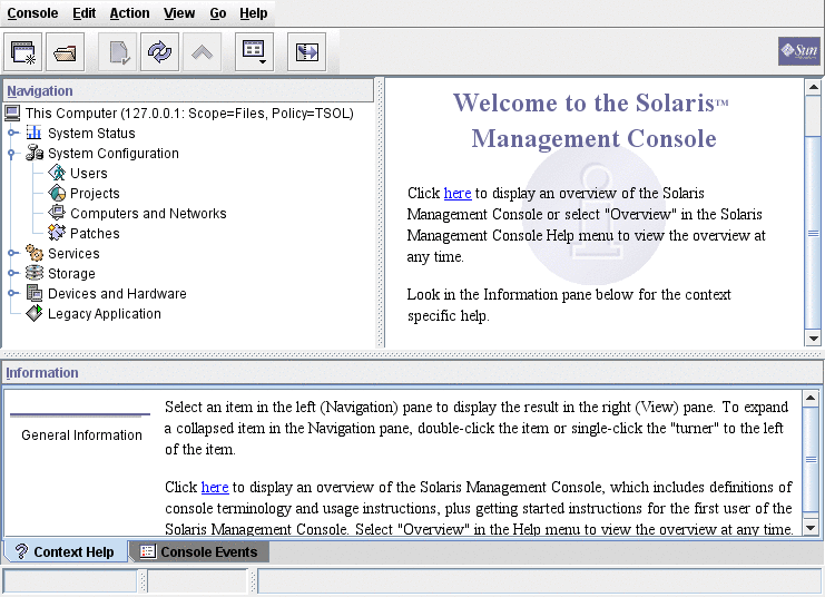 図は、Solaris 管理コンソールの開始画面を示しています。