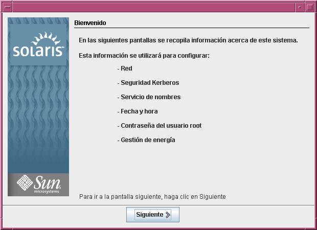 Esta captura muestra la pantalla de bienvenida de la GUI. Esta pantalla muestra la información que el programa de instalación necesita para configurar el sistema.