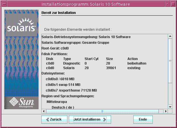 Diese Bildschirmaufnahme zeigt das Fenster „Bereit zur Installation“. Darin sind die zuvor eingegebenen Konfigurationsinformationen zusammengefasst.