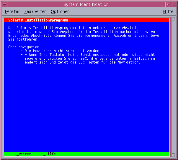 Diese Bildschirmaufnahme zeigt den Willkommensbildschirm des textbasierten Installationsprogramms. Darin sind die Angaben aufgeführt, die das Installationsprogramm für die Konfiguration des Systems benötigt.