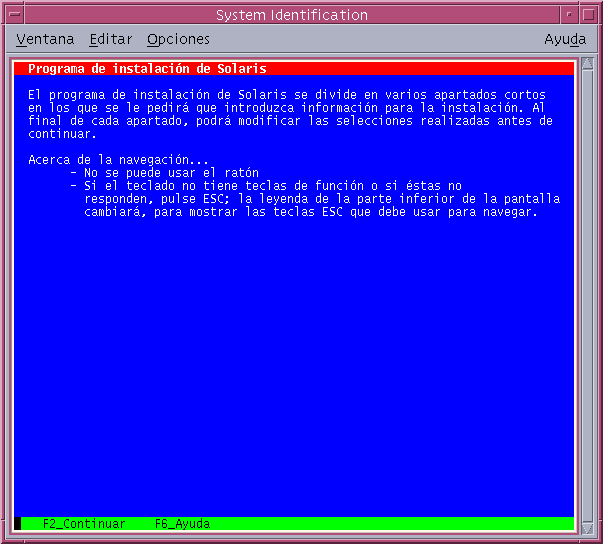 Esta captura muestra la pantalla de bienvenida de texto. Esta pantalla muestra la información que el programa de instalación necesita para configurar el sistema.