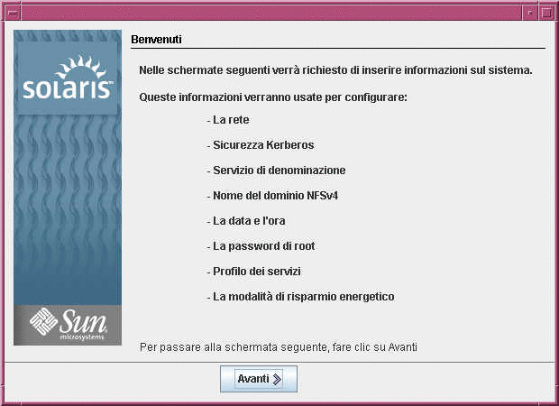 Questa figura mostra la schermata di benvenuto dell'interfaccia utente grafica. Questa schermata contiene le informazioni richieste dal programma di installazione per configurare il sistema.