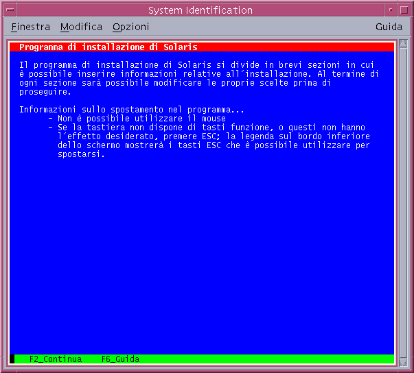Questa figura mostra la schermata di benvenuto dell'interfaccia a caratteri del programma di installazione. Questa schermata contiene le informazioni richieste dal programma di installazione per configurare il sistema.