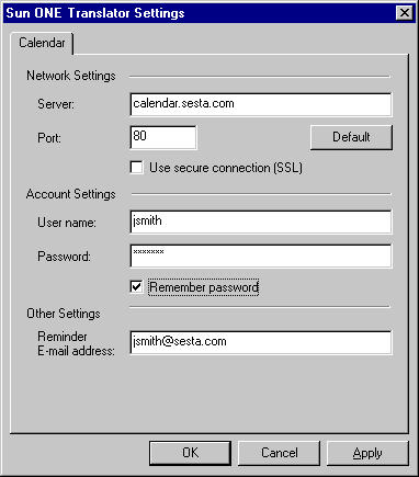 Sun ONE Translator Settings Screen