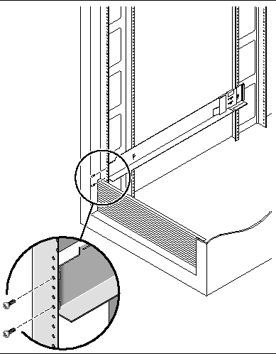 Figure showing location of the screws in the front of the left rail.