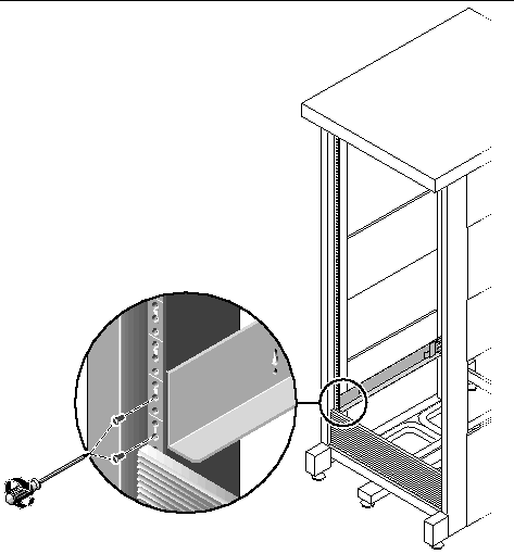 Figure showing the location of the two screws at the front of the cabinet.