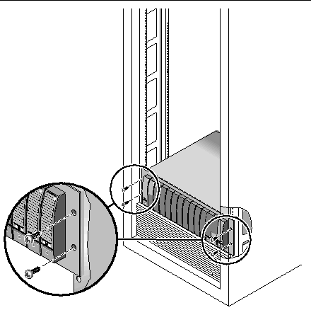 Figure showing the screws used to secure the array to the front of the Sun StorEdge cabinet.