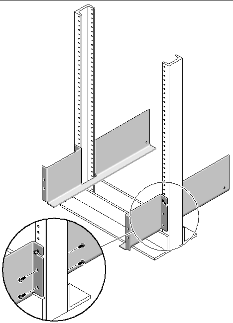 Figure showing detail and location of the lower mounting holes of the rails on the Telco 2-post rack.