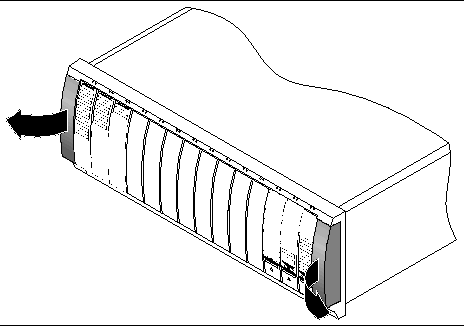 Figure showing the location of the end caps and the outward motion used to remove each end cap from the left and right sides of the tray. 