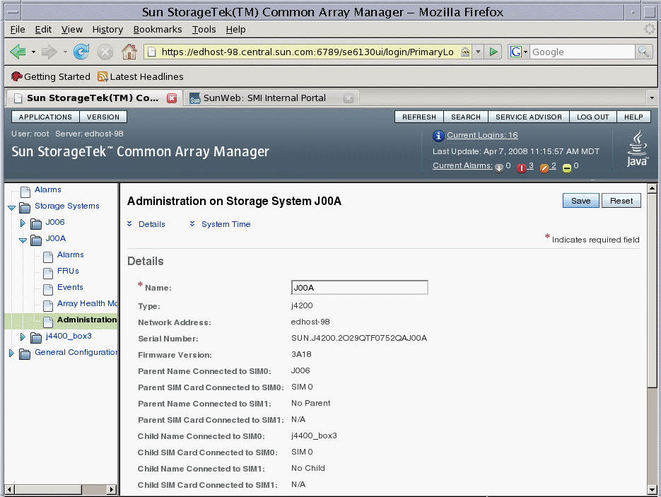  TABLE 3-1 describes the fields on the Administration page for the J4200/J4400 arrays. The Sun Storage J4000 Array Family can interconnect the SAS I/O module (SIM) of a parent array to the SAS I/O modules of child array. Other arrays, such as the Sun Storage J4500 array, have different components. See the hardware documentation for details.The Administration page for that array includes array name and contact information.