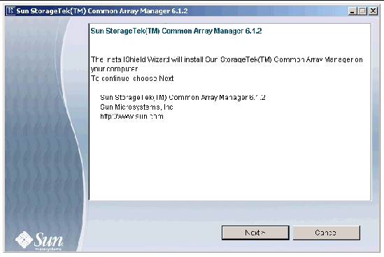 Screenshot showing the first Common Array Manager installation screen. Click Next to continue.