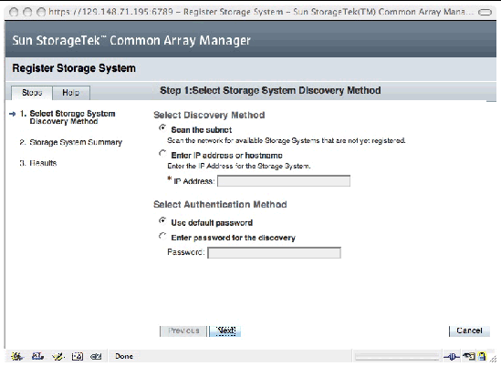  The Register Storage System wizard is displayed to select the storage system discovery method you want to use and click Next.