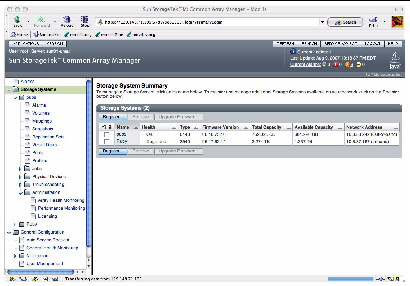 The figure shows the Common Array Manager Storage System Summary Screen where you select arrays managed by the software.