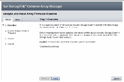 Screen capture showing step one of the Analyze and Install Array Firmware Baseline wizard.
