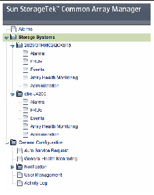 Screen capture of the navigation pane showing the available storage systems and configuration options.